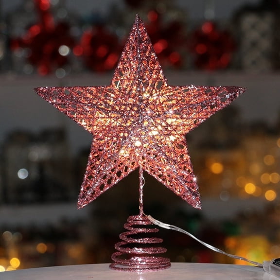 10Inch Christmas Tree Topper Star, GoXteam Pink Christmas Ornaments Treetop, LED Light Up Tree Toppers Christmas Tree Decoration, Glittered Metal Christmas Star for Christma Tree Ornament Decor