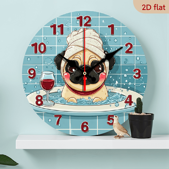 10Inch Cute Pug Dog in Bath Tub Wall Clock - Round Silent Non-Ticking Quartz Movement, Light Blue Bathroom-Themed Decorative Clock with Red Hands White Face, Battery-Powered (AA Battery No