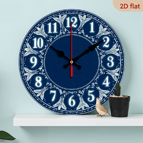 10Inch Round Wall Clock Featuring a Retro Navy Blue And White Floral Design, Made of Wood And Operates Silently on Batteries (AA Not Included) It'S Perfect for Various Settings Such As Ho