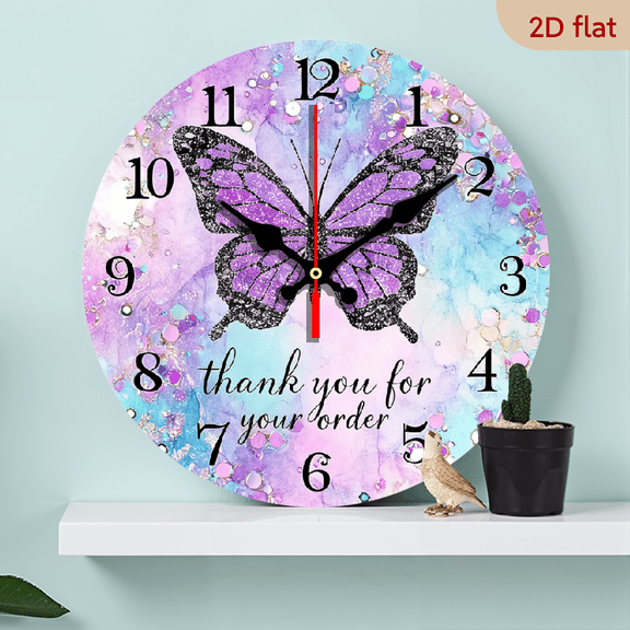 10Inch Rustic Farmhouse Purple Butterfly Wooden Wall Clock, Silent Quartz Movement, Round Shape, Inspirational Decorative 2D Flat Design for Kitchen, Bedroom, Living Room, Bathroom, Office