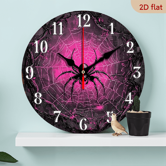 10Inch Silent Non-Ticking Wooden Wall Clock - Gothic Spider Web Design with Pink Accents, Battery Operated (AA Not Included) for Kitchen, Home Office, Library, Hallway, Apartment Decor, Ha