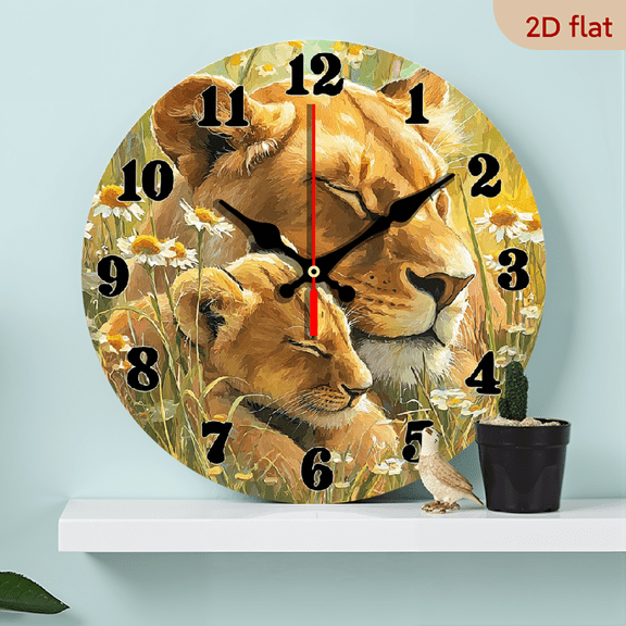 10Inch Silent Wall Clock Non-Ticking Wooden, Decorative Circular Clock Lioness and Cub in a Floral Setting Design for Kitchen, Home Office, Library, Hallway, Apartment 10 (No Battery)