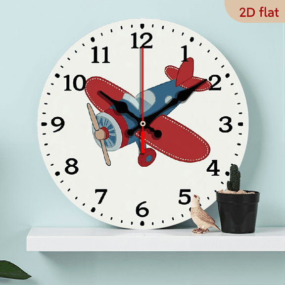 10Inch Silent Wooden Airplane Wall Clock - Round, Battery-Powered Movement for Home Decor Gift Display