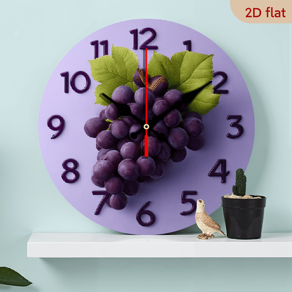 10Inch Silent Wooden Wall Clock with Grape Cluster and Purple Leaves Design Ideal for Living Room, Kitchen, Dining Room, and Home Decor Store - Elegant Fruit Decor
