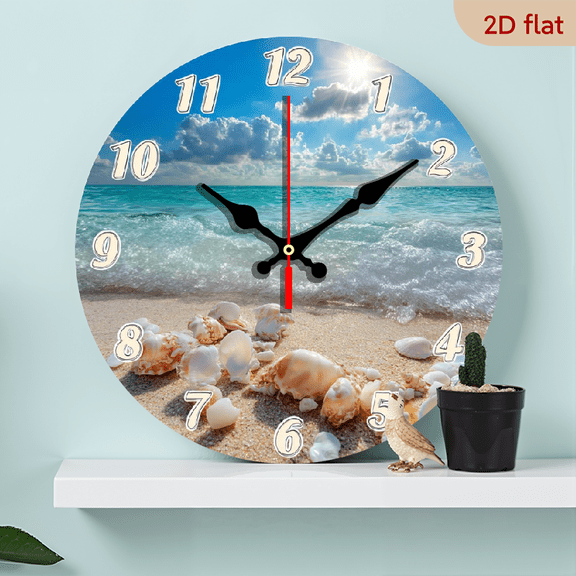 10Inch Sunny Beach Scene with Seashells on Sand and Gentle Waves Under Blue Sky Wall Clock- Wooden Coastal Charm for Bedroom, Living Room, Bathroom, Oceanfront Cafe - Refreshing Birthday H