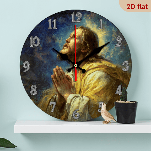 10Inch Vintage Jesus Prayer Wall Clock - Silent, Non-Ticking Decorative Round Wooden Clock for Living Room, Bedroom, Office, Kitchen - Battery Operated (AA Battery Not Included), Living