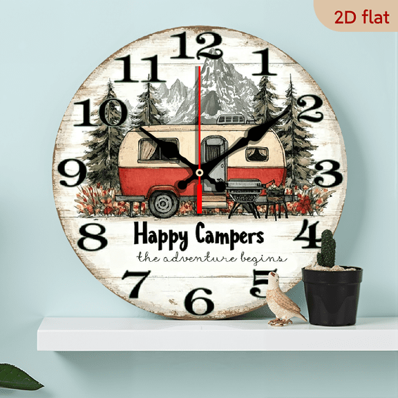 10Inch Wooden Happy Campers Wall Clock, Summer Outdoor Adventure Quote Home Decor, Camping Gift for Campers, Valentine Gift for Him, 10x10 Inch Silent Wall Clock Non Ticking Battery Operat