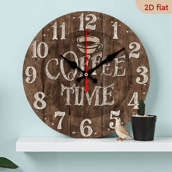 10Inch Wooden Non-Ticking Silent Round Wall Clock, Coffee Time Grunge Decor Clock for Home School Kitchen Bedroom Living Room
