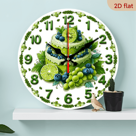10Inch Wooden Round Wall Clock Green Color Fruit Cake And Grapes Pattern With Roman Numerals For Kitchen And Living Room Decor Ideal For Summer And Spring Season