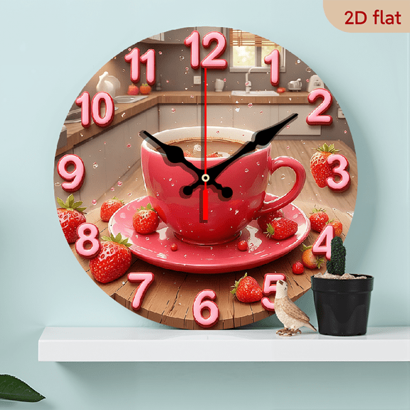 10Inch Wooden Round Wall Clock with Strawberry Coffee Cup Design - Large Easy-to-Read Black Hands, Pink Face Red Numbers, Kitchen-Themed Decorative Clock for Living Room, Bedroom, Cafe - B