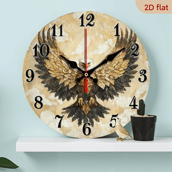 10Inch Wooden Silent Non-Ticking Wall Clock - Medieval-like Eagle Armor Design with BeigeBlackGoldenTan Vintage Decor - Battery-Powered (AA Not Included) - for Living Room, Kitchen - A