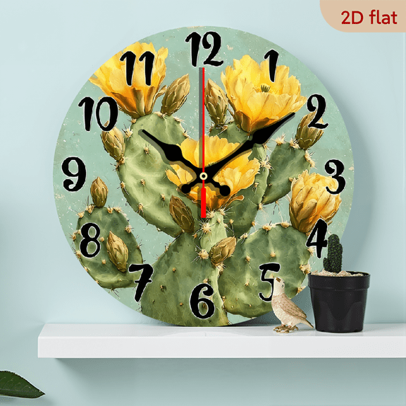 10Inch Wooden Silent Non-Ticking Wooden Wall Clock with Blooming Cactus Green Cacti Design - Large Yellow Face, Black Hands, Mint-Green Frame - 25 cm (No Battery) - Modern Desert Plant C