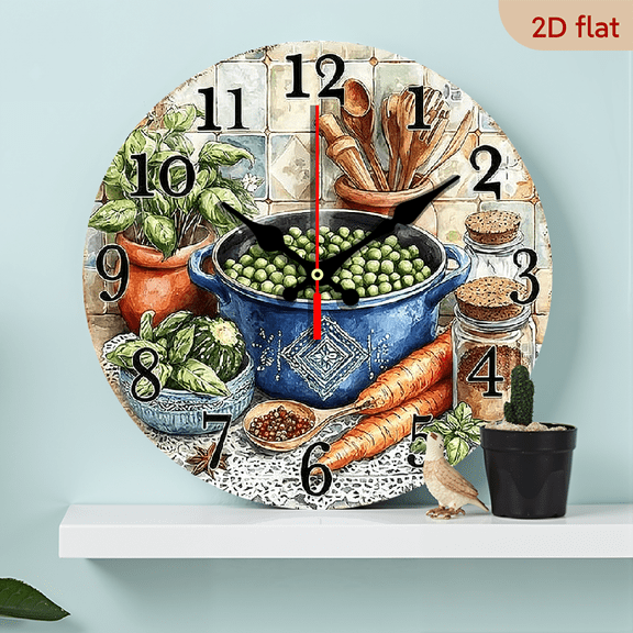 10Inch Wooden Silent Non-Ticking Wooden Wall Clock - Kitchen-Themed Decorative Round Clock with Vegetables, Utensils Blue Pot Design, AA Battery Operated (Not Included) for Living Room, Be