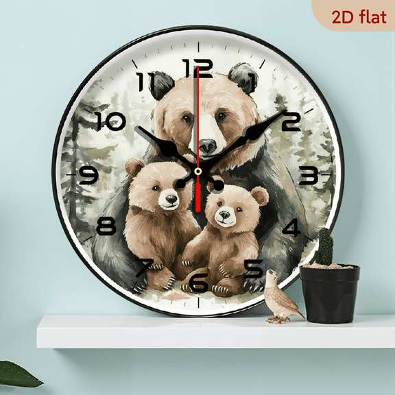 10Inch Wooden Silent Wall Clock - 2D Flat Printed Clock, Family of Bears in Forest Design Round Clock, Animal Theme, Suitable for Living Room Bedroom Decoration, Holiday, Anniversary Gift,