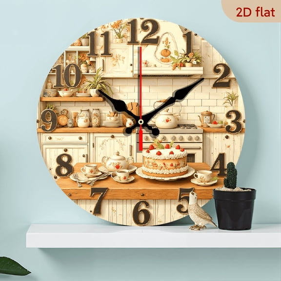10Inch Wooden Silent Wall Clock with Bakery Design Non-Ticking, AA Battery Operated, Rustic Wooden Kitchen Decor for Home, Pool, or Bathroom, Round Analog Display Featuring Cupcakes, Cakes