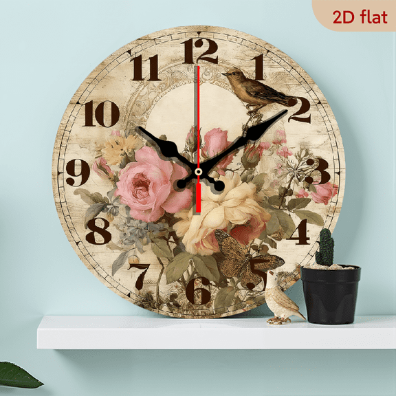10Inch Wooden Silent Wall Clock Battery Operated Non-Ticking Wooden Round Vintage Clocks for Living Room, Kitchen, Office, Bedroom - Floral and Birds Decorative Hanging Home Decor Wall Clo
