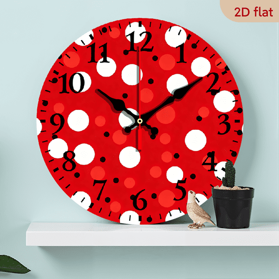 10Inch Wooden Wall Clock Red White Polka Dot Clock Battery Operated Wall Clocks Silent Non-Tcking Round Wallpaper for Lving Room Round Decorative Wall Clock for Kitchen Home Office Wall De