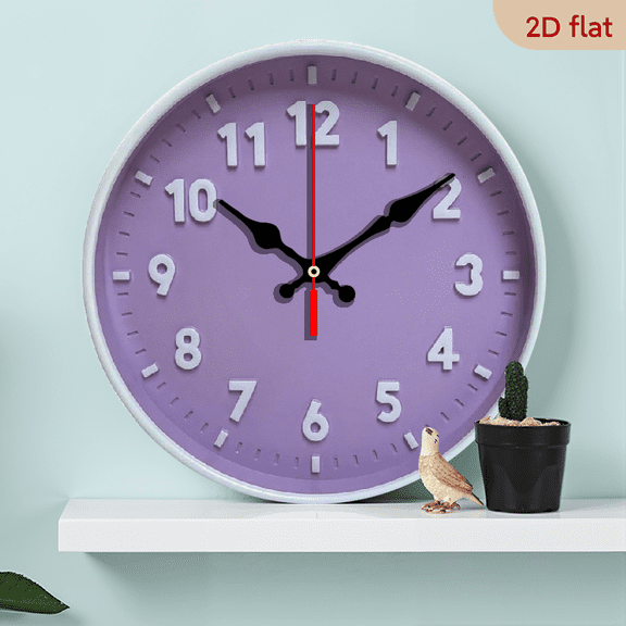 10Inch Wooden2D Number Wall Clock, Battery Operated Silent Clocks, Wall Mounted Non-Ticking Round Clocks, Colorful Cute Wall Clock for Home Office Decoration (Purple)