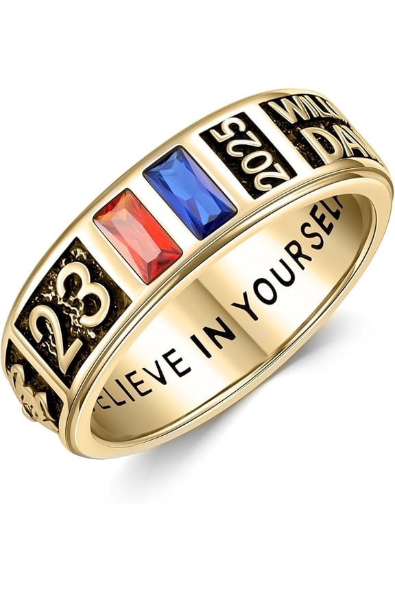 10K/14K/18K Gold/Sterling Silver Class Ring for Men and WoMen Peralized High School College Ring with 2 Birthstones Customized Graduation Ring Size 4-15 (With Gift Box)