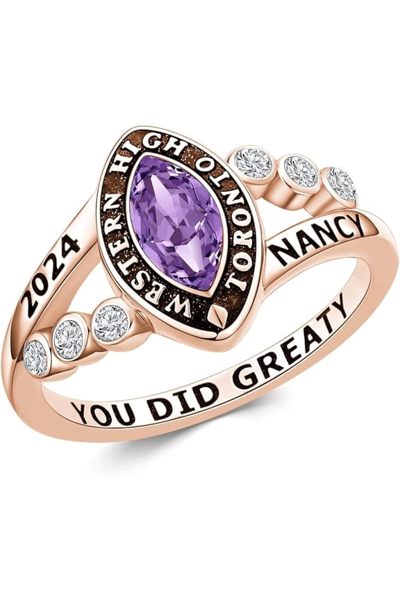 10K/14K/18K Gold/Sterling Silver Class Ring for Women Customized High School College Ring Personalized Birthstone Ring Size 4-15 Graduation Ring Engraved Name