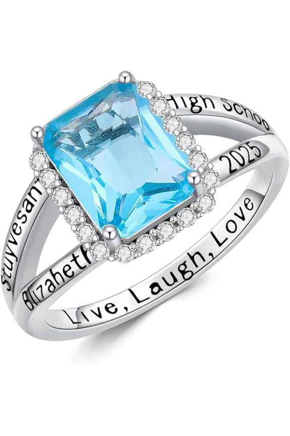 10K/14K/18K Gold/Sterling Silver Class Ring for Women Customized High School College University Women's Class Ring Personalized 2 Carat Birthstone Ring Size 4-15 Graduation Ring Engraved Name