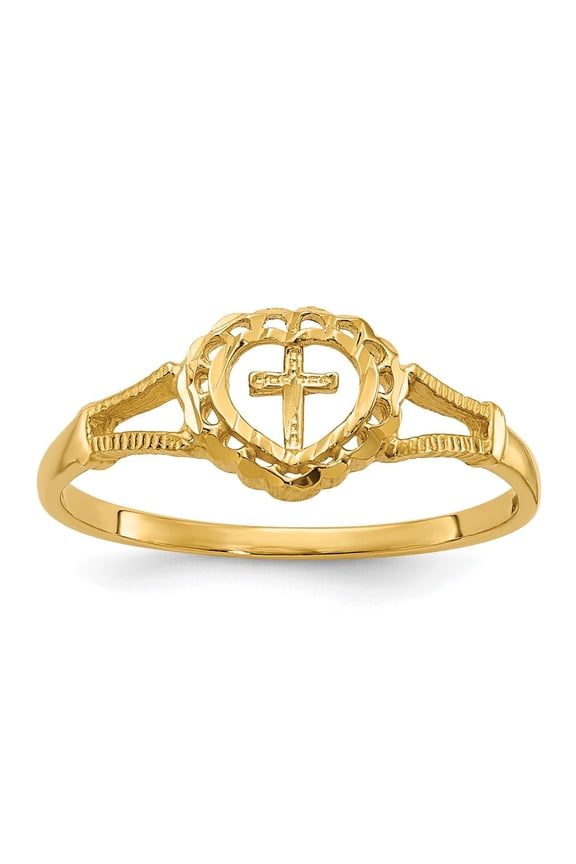 10K Diamond-Cut Childs Heart & Cross Ring
