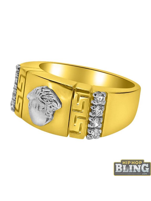 10K Gold 2 Tone Medusa Greek Bar Pattern CZ Ring