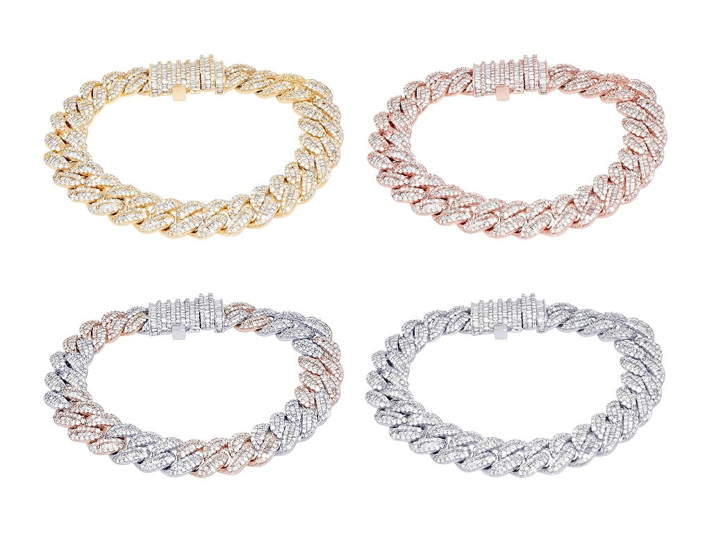 10K Gold Baguette 10CT Diamond Miami Cuban Bracelet 12MM 8"RoseWhite