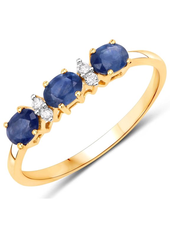 10K Gold Blue Sapphire And Diamond Three Stone Ring