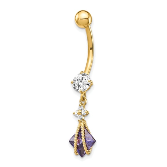 10K Gold Dangle 6mm Square Amy CZ Belly Button Dangle Body Jewelry