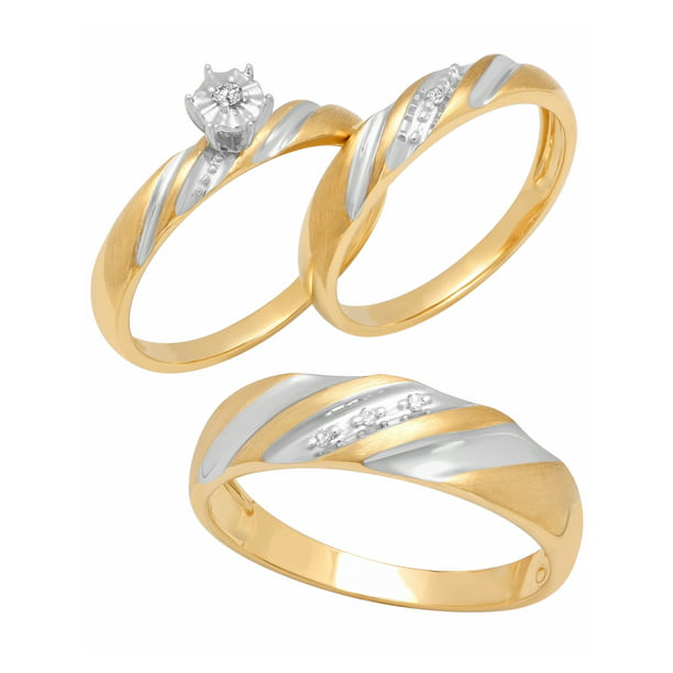 10K Gold Diamond Accent Trio Engagement Ring Bridal Set Womens and Mens ...