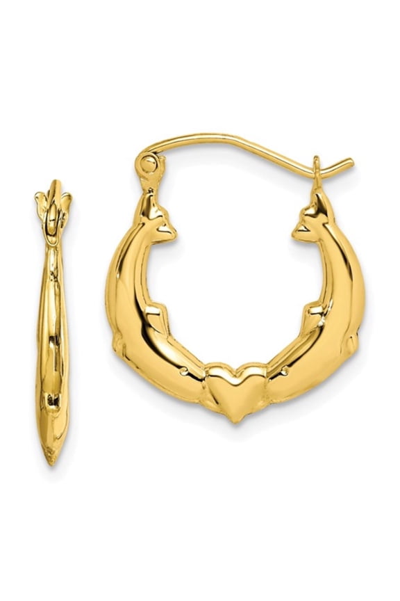 Dolphin Heart Hoop Earrings 10K Yellow Gold Wire and Clutch Closure for Women