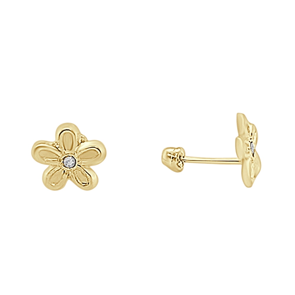 10K Gold Flower Earrings for Girls or Women with Secured Screw on Posts ...