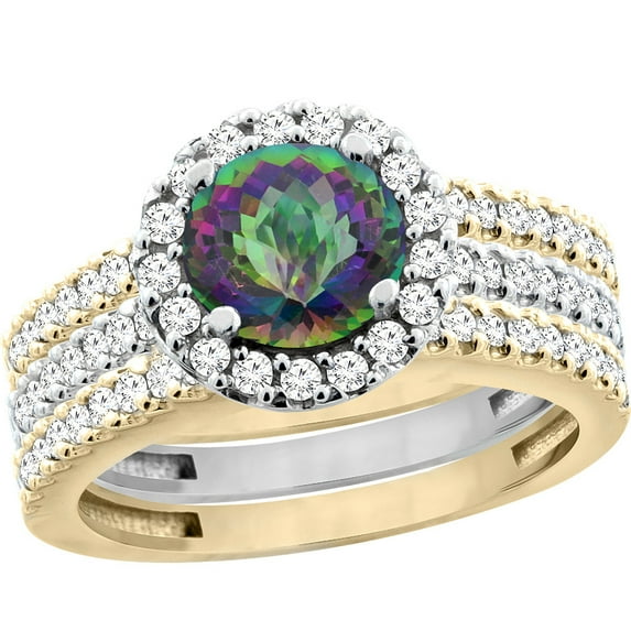 10K Gold Natural Mystic Topaz 3-Piece Ring Set Two-tone Round 6mm Halo Diamond, size 6