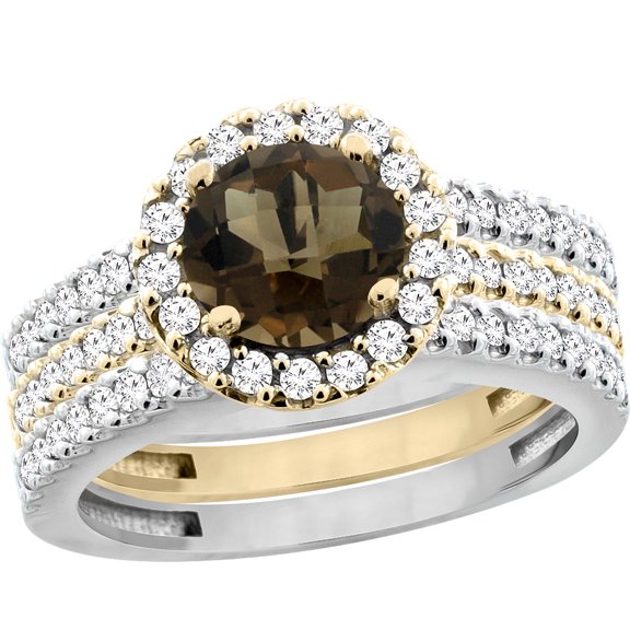 10K Gold Natural Smoky Topaz 3-Piece Ring Set Two-tone Round 6mm Halo Diamond, size 5
