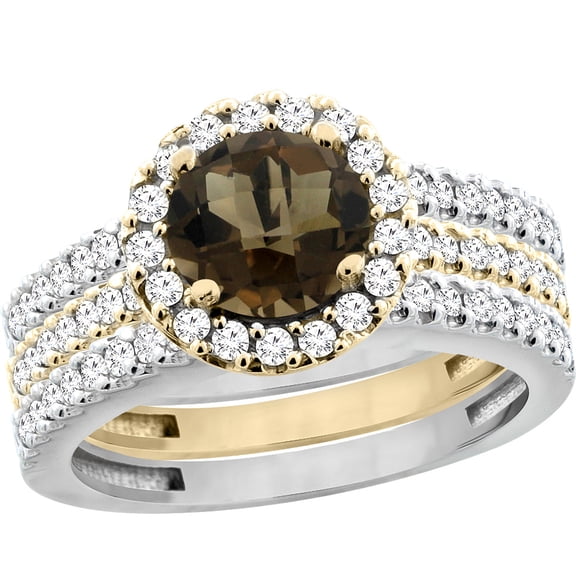 10K Gold Natural Smoky Topaz 3-Piece Ring Set Two-tone Round 6mm Halo Diamond, size 9.5