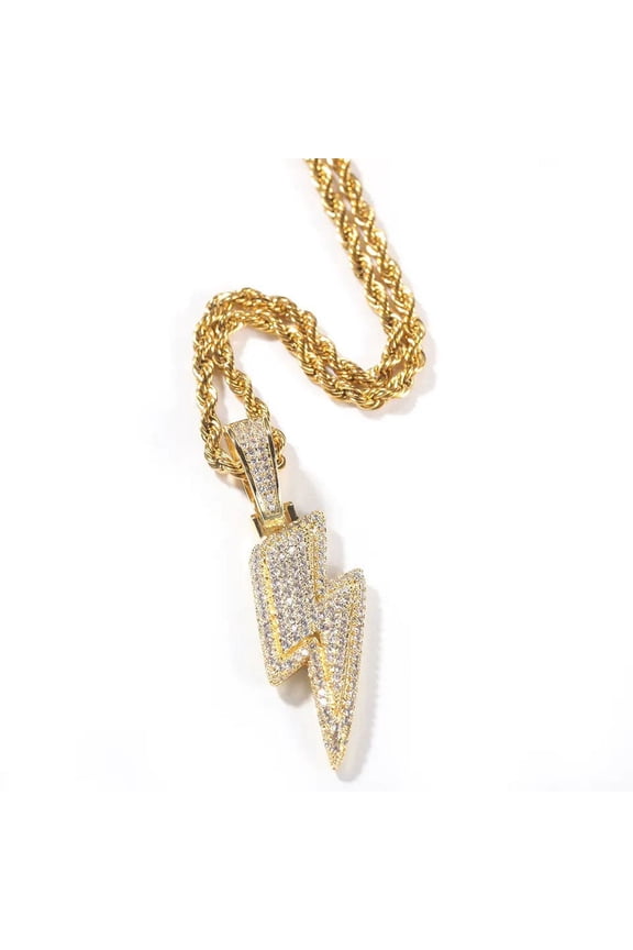 10K Gold Over Finish Simulated Diamond Iced Out Hip Hop Two Tone Lightning Bolt Electricity Custom Charm Pendant Necklace, Birthday Gift
