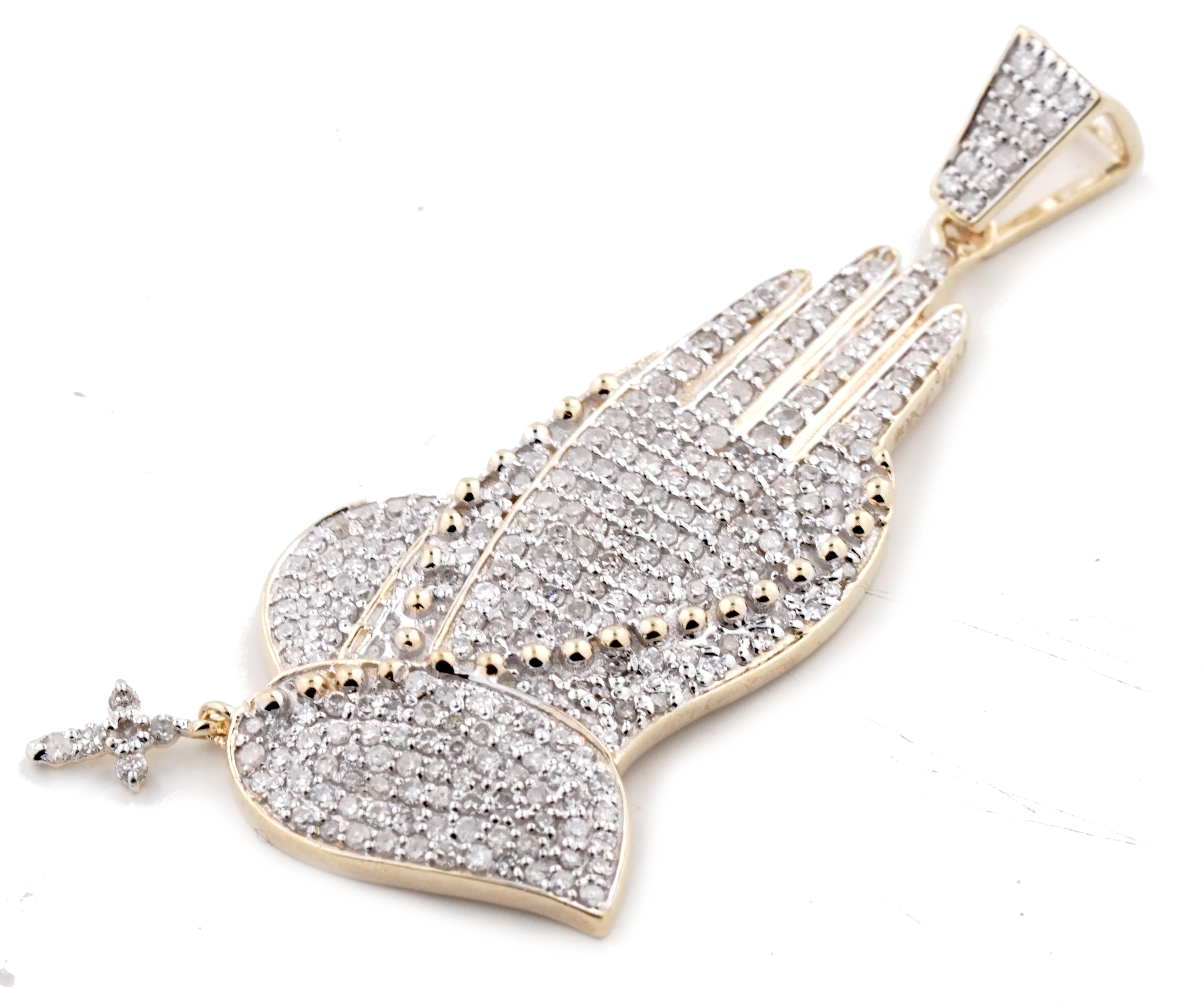 10K Gold Praying Hands Pendant Real Diamond Charm Mens Praying Hands