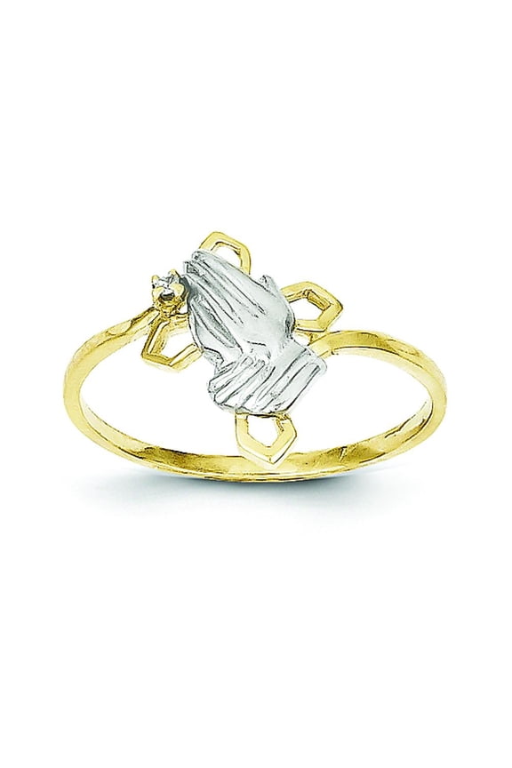10K Gold & Rhodium Plated Praying Hands CZ Cross Ring Jewelry Size 6
