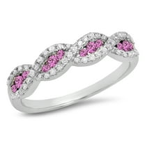 10K Gold Round Pink Sapphire & White Diamond Bridal Stackable Anniversary Wedding Band Swirl Ring