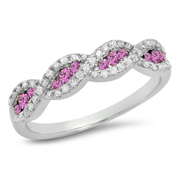 10K Gold Round Pink Sapphire & White Diamond Bridal Stackable Anniversary Wedding Band Swirl Ring