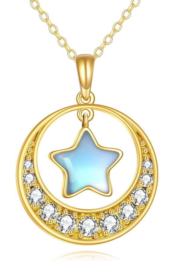 10K Gold Star Necklace for Women Real Gold Crescent Moon and Star Moonstone Pendant Necklace Jewelry Christmas Gifts Wife Daughter Girlfriend Mother