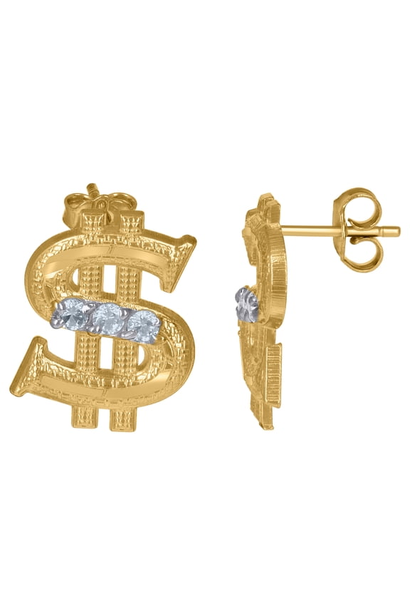 10K Gold Two-Tone CZ Mens Dollar Sign Push Back Studs