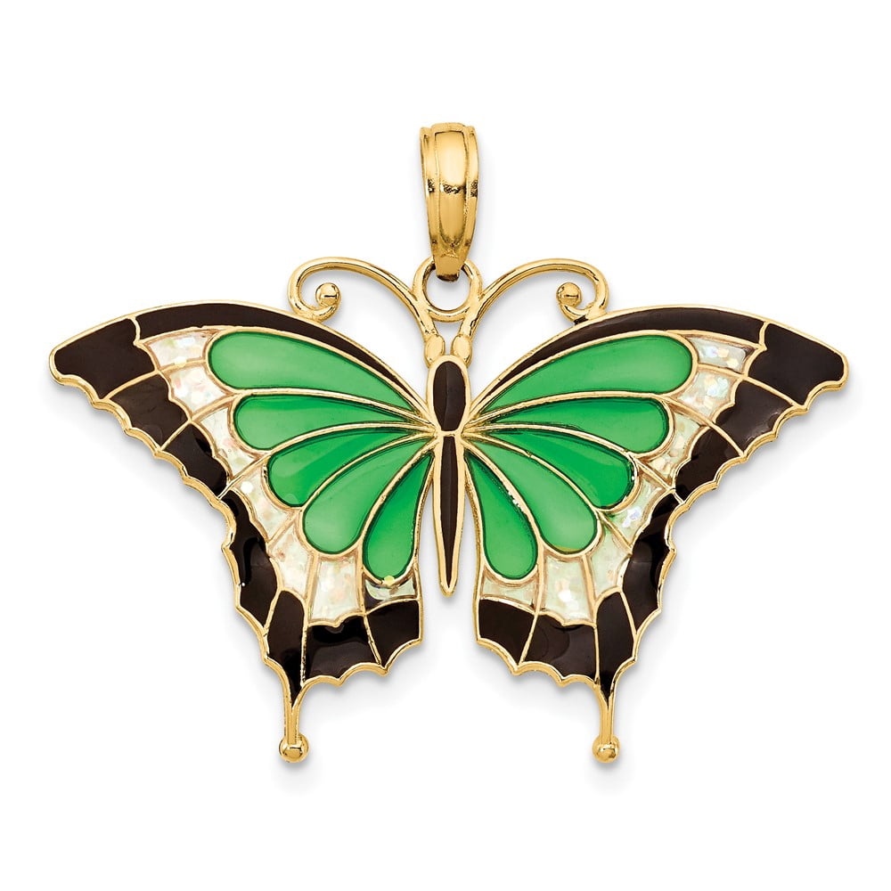 Finest Gold 10K Green Enameled Butterfly Pendant