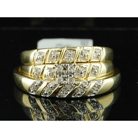 10K Mens Ladies Yellow Gold Diamond Engagement Ring Wedding Band Trio Bridal Set