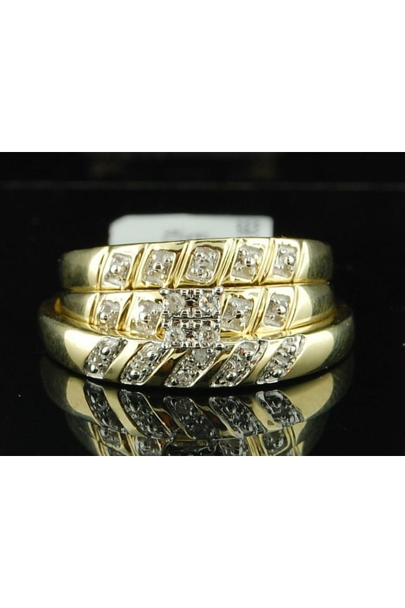 10K Mens Ladies Yellow Gold Diamond Engagement Ring Wedding Band Trio Bridal Set