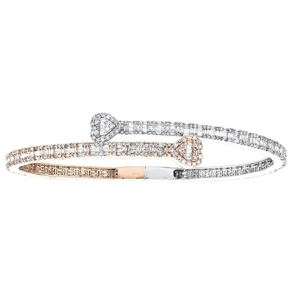 10K Multi-Tone Gold Baguette Diamond Bypass Bangle Heart Bracelet 7.75" 2.62 Ct.
