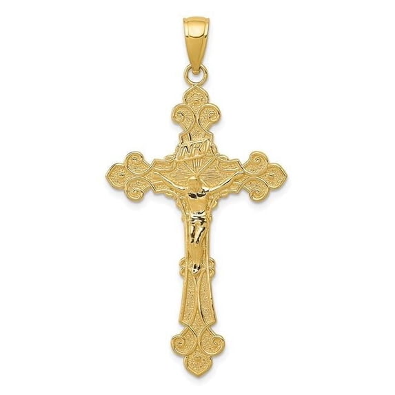 10K Polished Textured Inri Crucifix Fleur De Lis Pendant