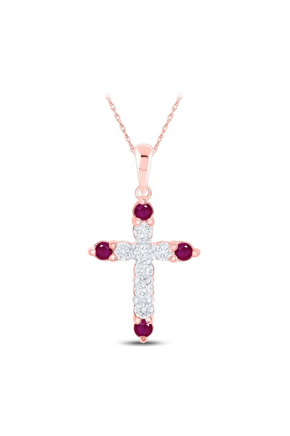 10K ROSE GOLD ROUND RUBY DIAMOND CROSS PENDANT 1/4 CTTW