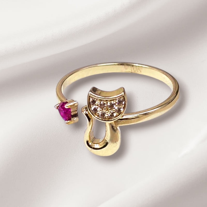 10K Real Gold Cute Cat Ring With Pink Heart CZ (Size 7)